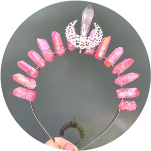 Pink aura crystal quartz headband with silver hollow moon crown for women handmade