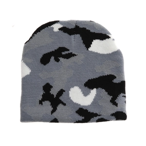 Kids winter camouflage knit beanie hat in grey and black jacquard acrylic yarn
