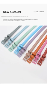 Detailed view of multiple candy-colored slim genuine leather belts for women