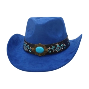 Detail of blue western cowboy hat with floral embroidery and turquoise stone on leather band