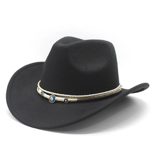 Detail of black felt cowboy hat featuring woven band and evil eye bead charms