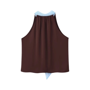 Haut licou femme en satin marron avec dentelle bleue vue à plat sur fond blanc
