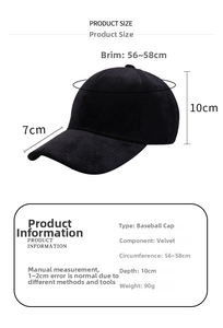 Detailed size chart for velvet baseball cap showing 56-58cm circumference and dimensions