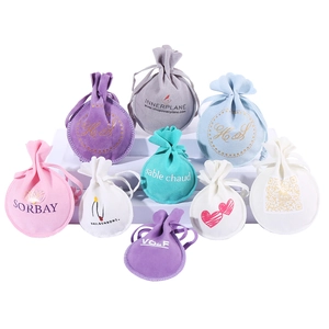 Custom logo printing on colorful velvet jewelry drawstring bags with round bottoms