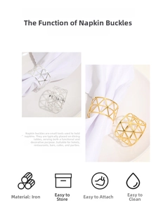 Detailed view of modern geometric mesh napkin rings in gold and silver iron material