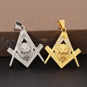 Lion Head Pendant Necklace Stainless Steel Rhinestone Masonic Square And Compass Hip Hop Jewelry For Men Bold Style