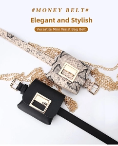 Detail showing snake print and black leather mini belt bags with gold buckles and chains