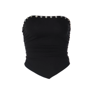 Détail d'un haut bustier noir avec boutons coquillages et fronces latérales sur le tissu