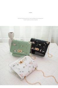 Transparent embroidered square crossbody bags in black white and green with gold chains