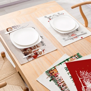 Waterproof cotton linen Christmas placemats featuring Santa and ginger cat illustrations