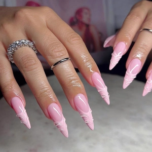 Press On Nails Pink French Style 3D Relief Water Ripple Texture Glossy Almond Shape Wearable False Nails For Women