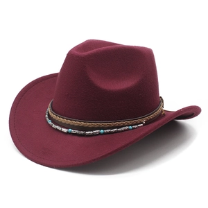 Classic burgundy western cowboy felt hat with ethnic braided band and turquoise beads