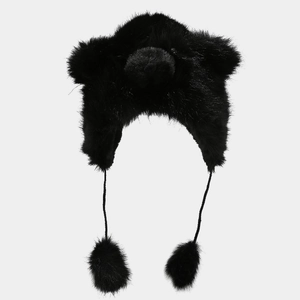 Cute black faux fur polar bear trapper hat with pom-poms and warm earflaps for winter