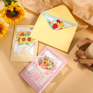 Three-fold hollow flower greeting cards with sunflower and rose bouquets and envelopes