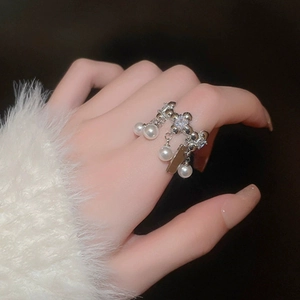 Square pearl and zircon open ring with silver finish and hanging charms for women