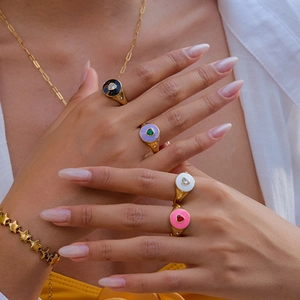 Elegant 18K gold stainless steel heart enamel seal rings with zircon for women