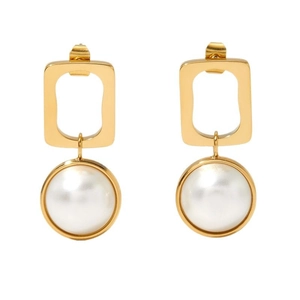 Elegant geometric square gold earrings with large white round pearl drops for women