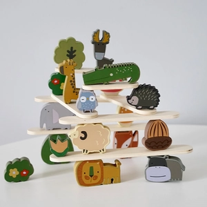 Wooden animal balance stacking blocks for kids with lion, giraffe, and wooden sticks