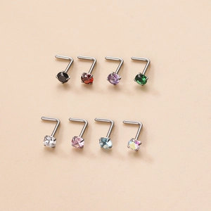 L-shaped surgical stainless steel nose studs set with 3mm colorful round cubic zirconia