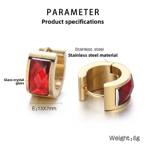 Detail view of 13x7mm gold stainless steel huggie earrings with red rectangular glass gem