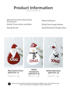 Detail of Santa and Snowman resin pendants with dimensions 8.5x5.5cm and XMAS text