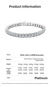 Detailed specifications chart of S925 sterling silver moissanite tennis bracelet specs