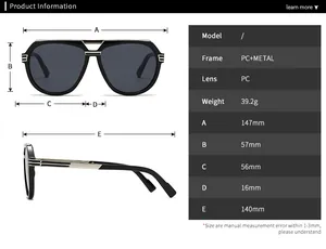 Detailed size chart for retro pilot sunglasses showing frame and lens dimensions