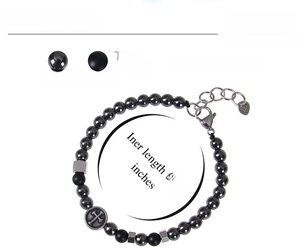 Detail view of 6mm hematite and matte beads bracelet with cross charm and S925 silver chain