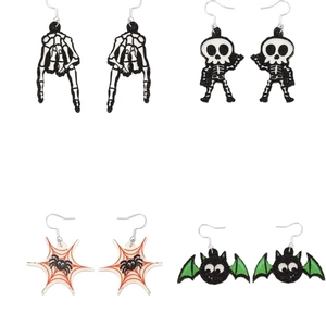 Halloween earring set with glitter skull hand, spider web and bat acrylic pendants