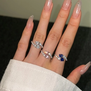 S925 sterling silver bypass ring with heart shaped stones and side accents