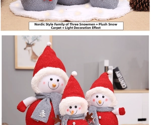 Three-piece red knit snowman plush set with grey scarves on white faux snow base