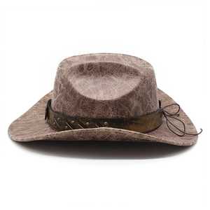 Vintage brown faux suede cowboy hat with cracked texture and bronze studded leather band