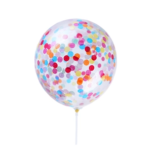 Clear balloon filled with colorful confetti sequins on a white plastic support stick