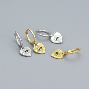 Heart Evil Eye 925 Sterling Silver Hoop Earrings With Green Marquise Zircon Sunburst Texture Vintage Fashion For Women