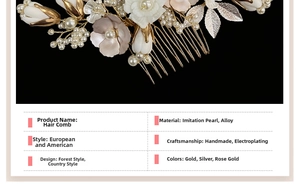 Close-up of handmade bridal hair comb with gold alloy leaves and imitation pearls