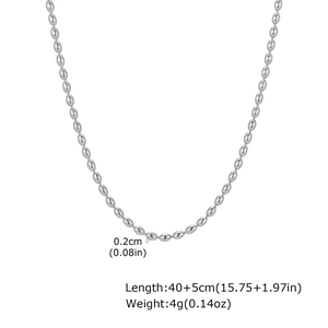 Detail view of 2mm silver oval bead titanium steel necklace with length and weight specs