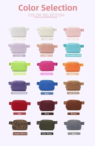 Detailed grid showing 18 color variants of the sherpa fleece belt bag with strap