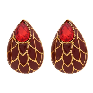 Boucles d'oreilles vintage avec émail rouge, texture dorée et cristaux de rubis