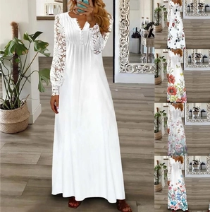 Women Elegant V-Neck Lace Long Sleeve Maxi Dress Floral Print Polyester High Waist Casual Boho Spring Autumn Woven Dress