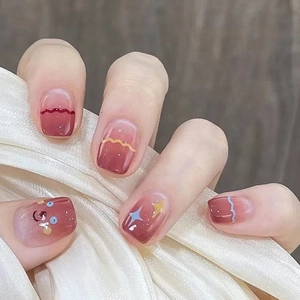 Press On Nails Glossy Gradient Pink Red Cartoon Eyes Stars Sweet Cute DIY Manicure Artificial False Nails Women