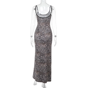 Detail of the leopard print maxi dress showing the low back cut and thin shoulder straps