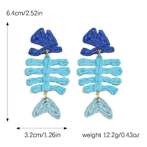 Blue raffia woven fishbone earrings with detailed dimensions: 6.4cm height and 3.2cm width
