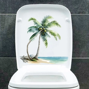 Detailed watercolor beach scene sticker with palm trees applied on a bathroom toilet lid