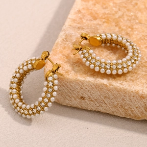 18K gold plated hoop earrings with rows of white pearls and sparkling zircon crystals
