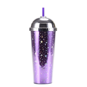 Detail of purple 24oz straw cup with holographic star patterns and silver dome lid