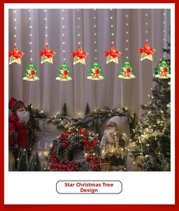 Close-up of LED Christmas window lights with star and tree pendants for holiday decor