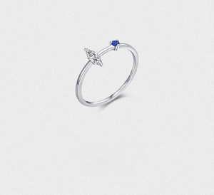 Detail view of S925 sterling silver ring featuring marquise zircon and blue gemstone