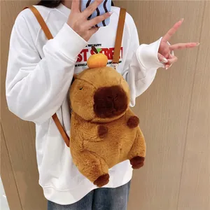 Cute plush Capybara backpack with orange detail and adjustable straps for kids