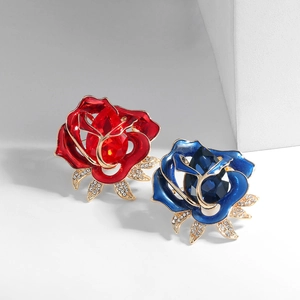 Vintage crystal rose brooches in red and blue enamel with rhinestones for women