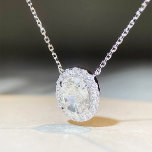 Elegant 925 sterling silver necklace with oval cut high carbon diamond and halo setting
